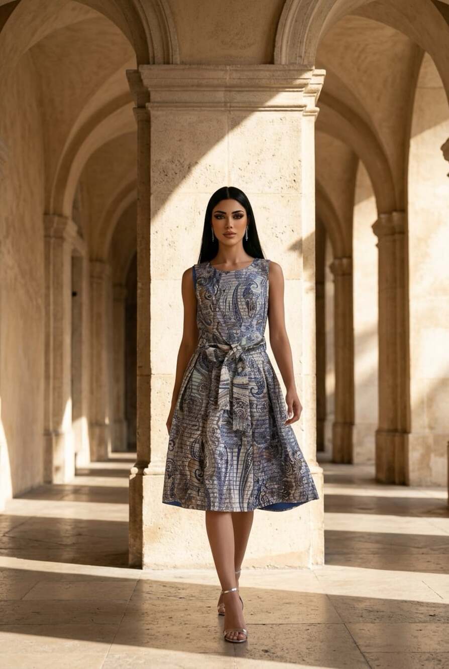 Tommy Hilfiger Women's Blue Paisley Sleeveless Fit & Flare Belted Midi Dress